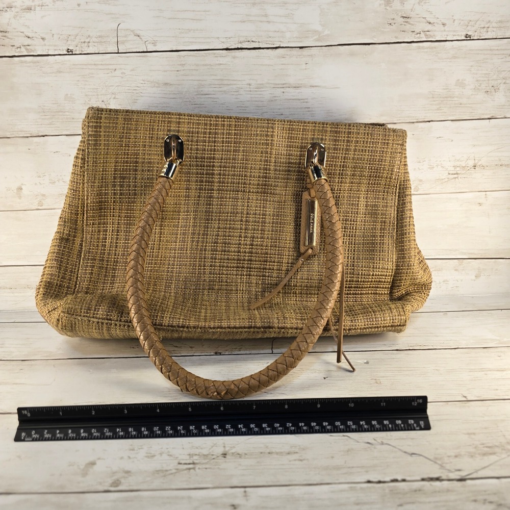 Cole Haan Tan Woven Straw Tote Bag Braided Leather Handles Gold Hardware